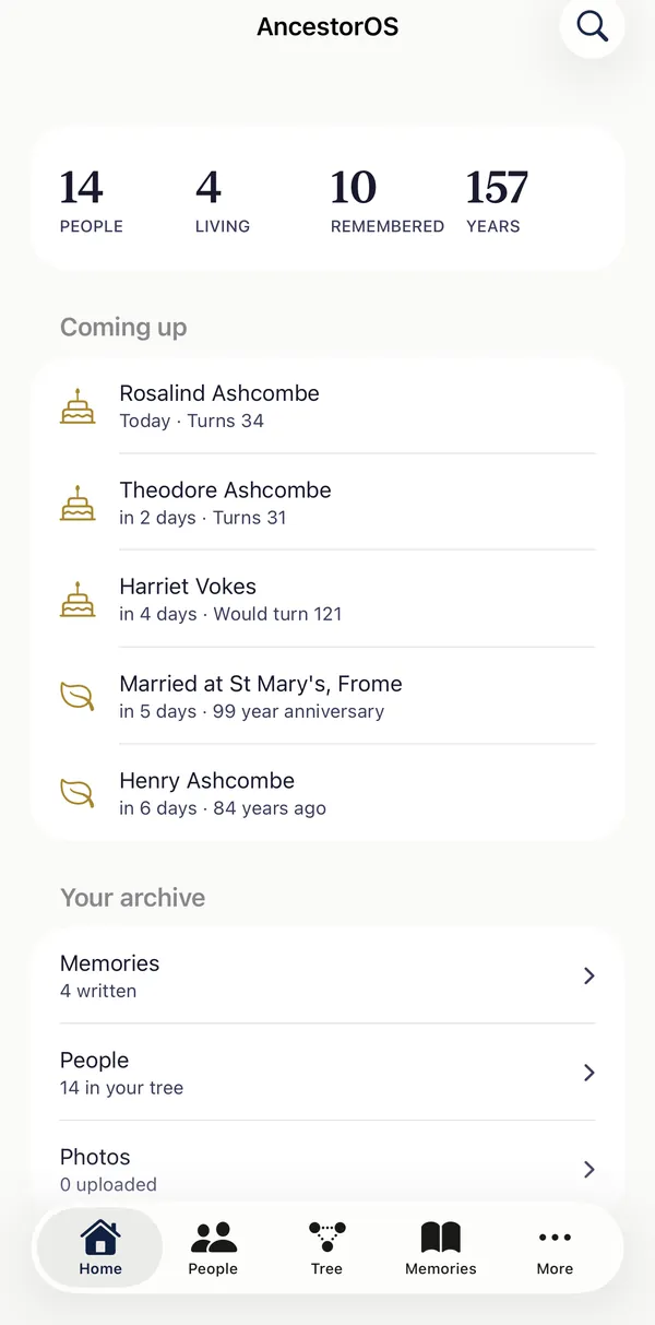 The AncestorOS app home screen with upcoming birthdays and anniversaries
